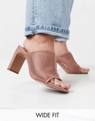 ASOS DESIGN Wide Fit Wisteria mesh heeled mules in beige | ASOS (Global)