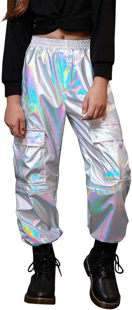 Perfashion Metallic Cargo Pants for Girls & Womens Hip Hop Dance Multi-Pocket Joggers High Waist ... | Amazon (US)