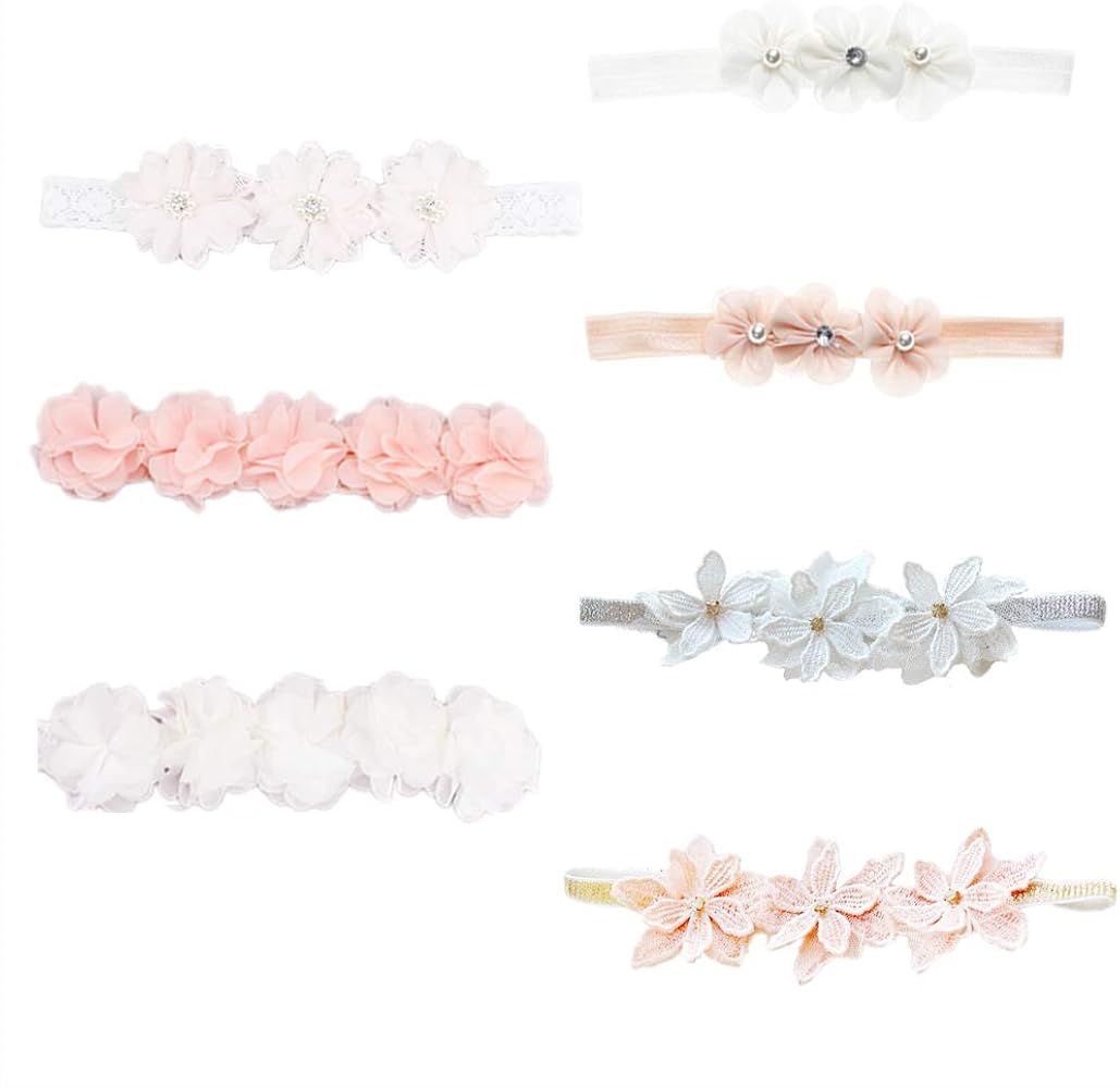 Baby Toddler Elastic Chiffon Flower Headbands Princess Girls Hand Sewing Beads Flower Headwear Ny... | Amazon (US)