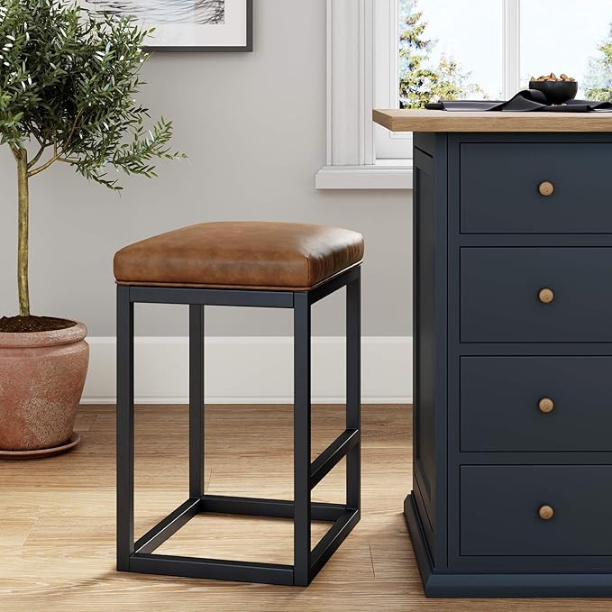 Nathan James Nelson Bar Stool with Leather Cushion and Metal Base, 24", Warm Brown/Black | Amazon (US)