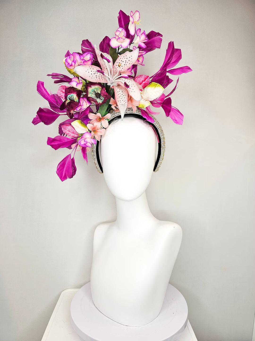 Kentucky Derby Hat Fascinator Rhinestone Crystal Headband With Light Pink Lavender Purple Silk Fl... | Etsy (US)