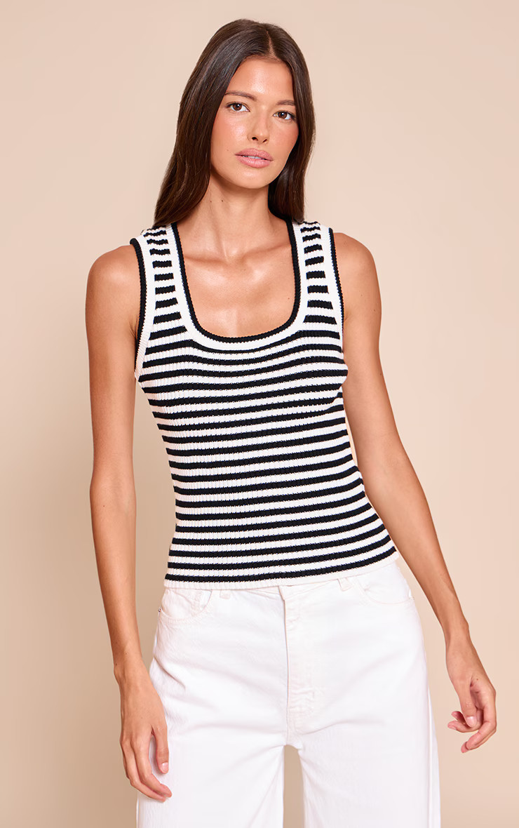 Mono Scooped Neck Striped Rib Knit Vest | Knitwear | PrettyLittleThing UK