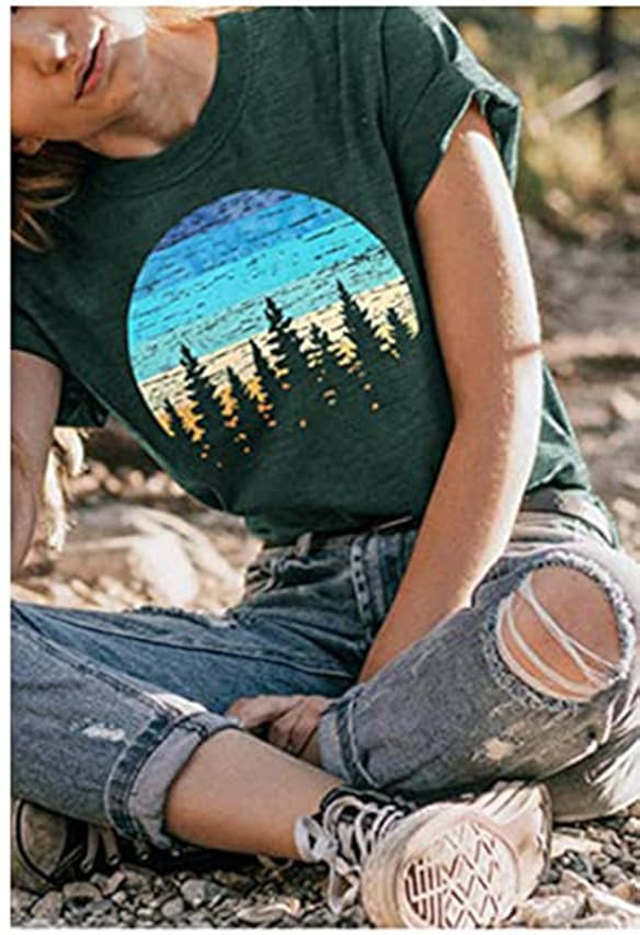 Amazon.com: Sunset Pine Tree Tshirt Women Camping Tshirt Retro Sun Print Graphic Tee Casual Short... | Amazon (US)