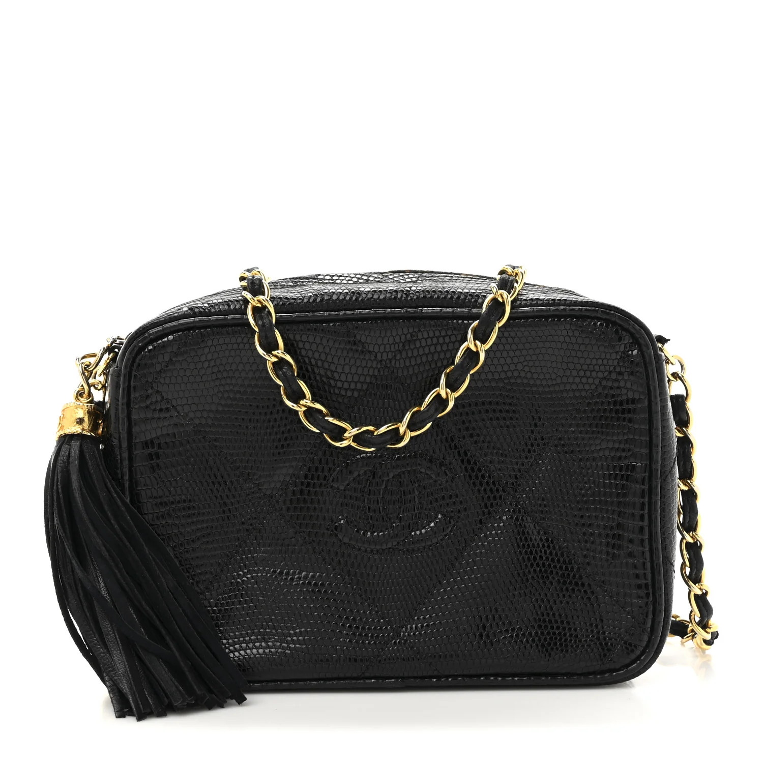 Chanel Lizard Quilted Small Tassel Camera Case Black 1750767 | FASHIONPHILE (US)