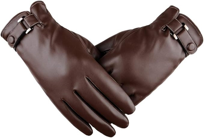 AZYOUNG Men’s Winter Autumn Black Brown PU Leather Plus Thick Velvet Touch Screen Gloves | Amazon (US)