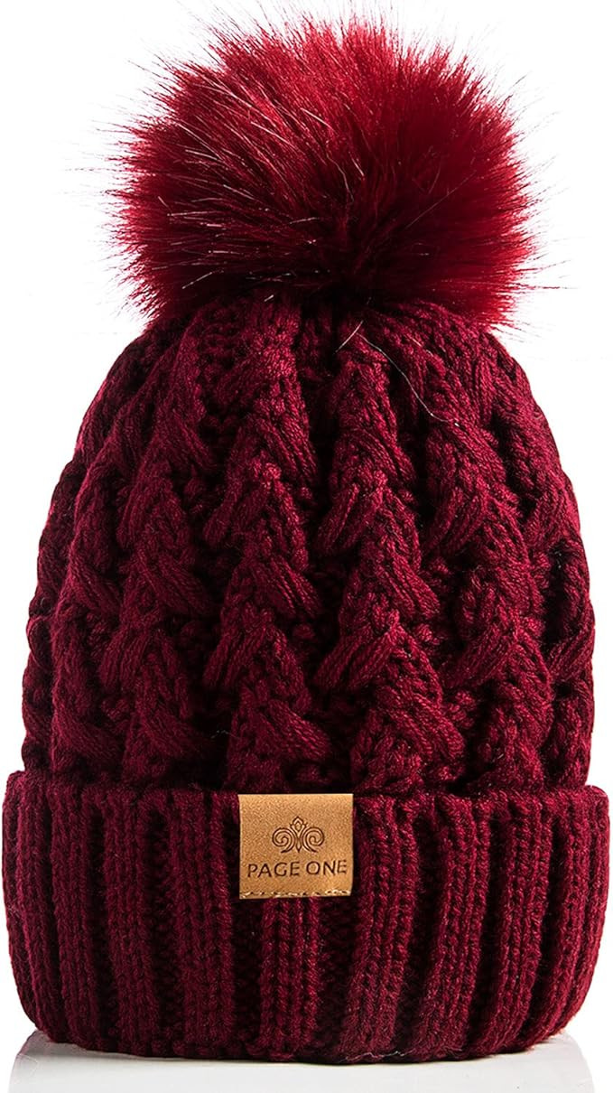 PAGE ONE Womens Winter Ribbed Beanie Crossed Cap Chunky Cable Knit Pompom Soft Warm Hat | Amazon (US)