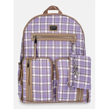 Madden NYC Women's Double Pocket Dome Backpack with Pouch, Purple Plaid | Walmart (US)
