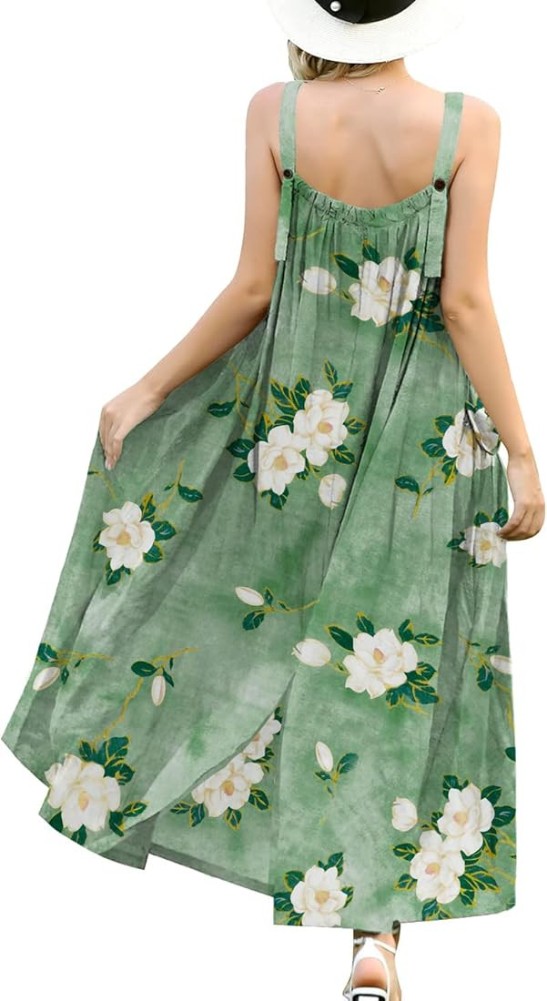 YESNO Maxi Dress for Women with Pockets Boho Summer Dress with Wide Adjustable Buttoned Strap E96 | Amazon (US)