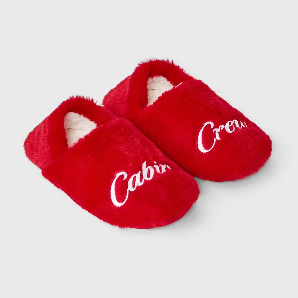 Adult Embroidered 'Cabin Crew' Faux Fur Christmas Slipper Socks with Grippers - Wondershop™ Red | Target