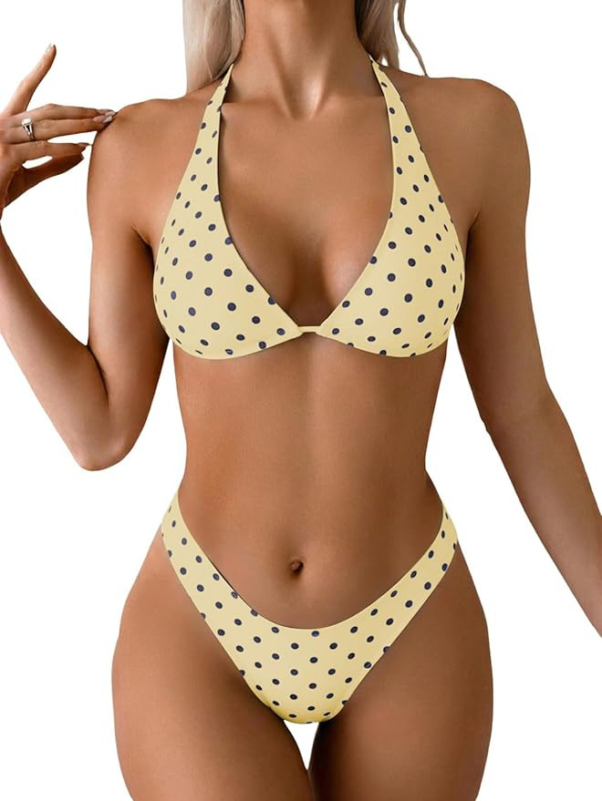 Fanuerg Women's Triangle Bikini Sets Halter String Two Piece Swimsuits High Cut Cheeky Bathing Su... | Amazon (US)