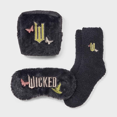 Women's Wicked Embroidered Faux Fur 3pk Cozy Gift Set with Reusable Pouch, Cozy Socks and Eye Mask - Black 4-10 | Target