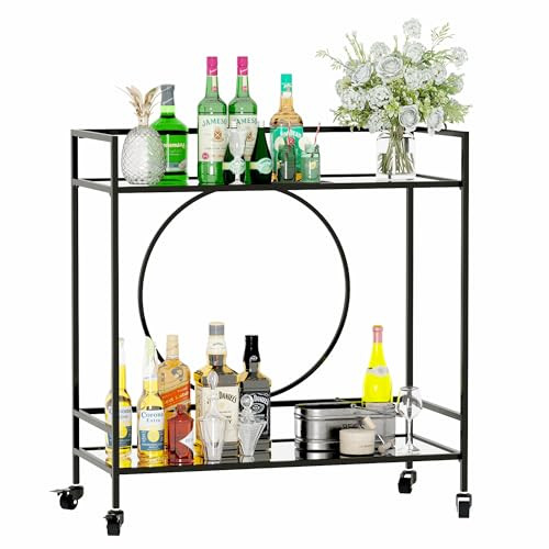 RiteSune Black Bar Cart with Wheels, Vintage Serving Cart Wine Cart with 2 Mirror Shelves, Alcohol Cart Liquor Bar Carts for Home Bar | Amazon (US)