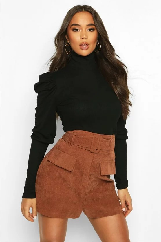 Rib High Neck Puff Shoulder Top | Boohoo.com (UK & IE)
