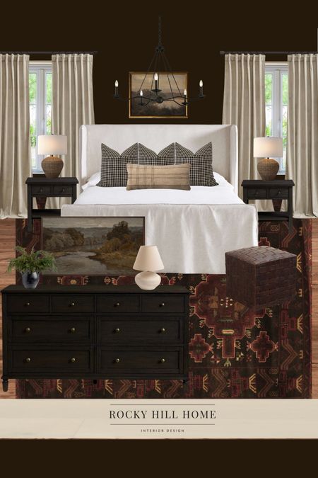 Moody Bedroom Mood Board, crate and barrel ivory slipcovered bed, dark rug, pottery barn bedroom furniture, leather ottoman, sea grass lamp, transitional cottage, brown and blackk

#LTKstyletip #LTKhome