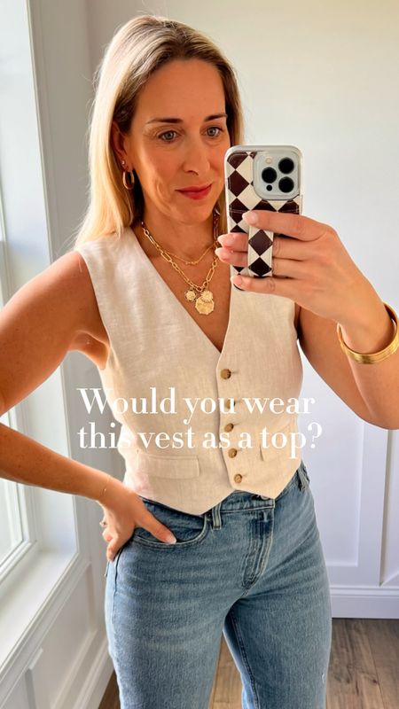 Summer outfit with vest

J.Crew vest - wearing size 8. True to size. Linen and tailored. 

Abercrombie straight leg jeans - wearing size 29

Amazon charm necklace 

Fluted necklace

#chic #summer #vest #linen #nightout #girlsnight #datenight

#LTKover40 #LTKstyletip #LTKworkwear