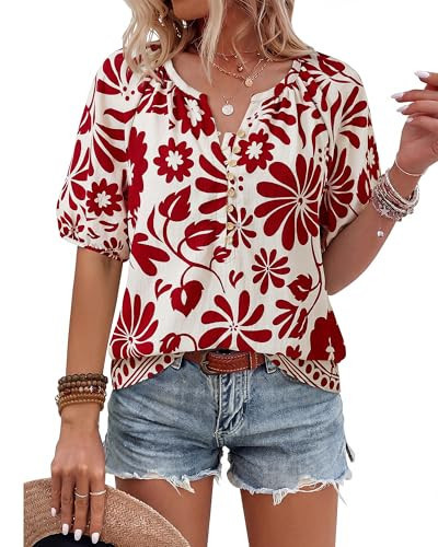 Unixseque Womens Summer Boho Tops: Puff Sleeve Dress Shirts Floral Loose Fit - Short Sleeve Blouses for Women - V Neck Casual Tops Summer Clothes Dressy Casual Blouses White Red Floral 2XL | Amazon (US)