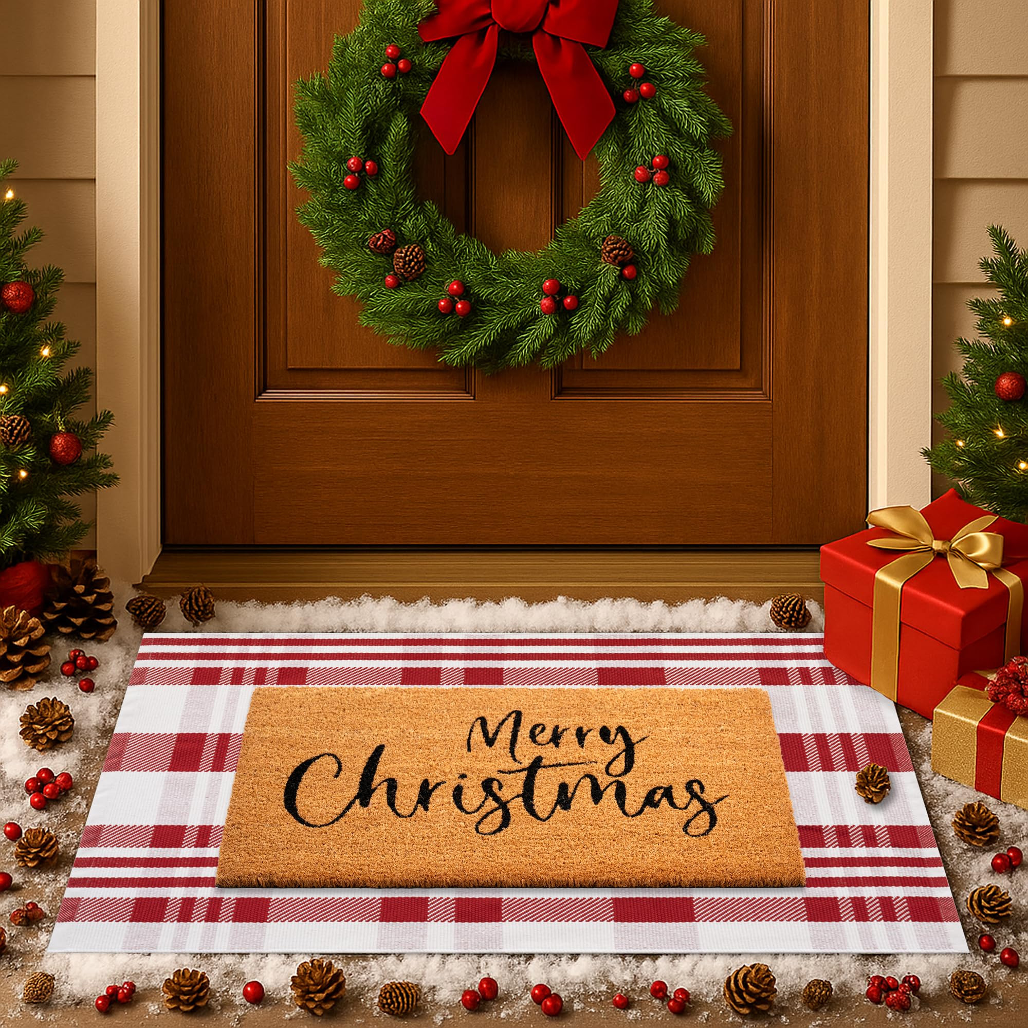 Christmas Door Mat Set, 2-Piece Layered Front Porch Welcome Mat Combo with Red White Check Rug an... | Amazon (US)