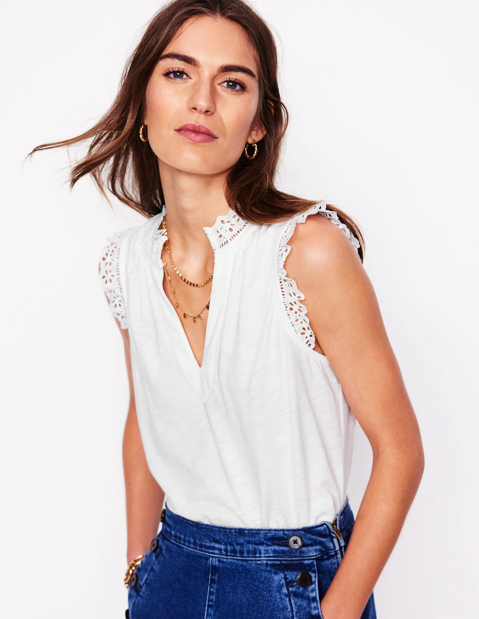 Aria Broderie Trim Vest-White | Boden UK