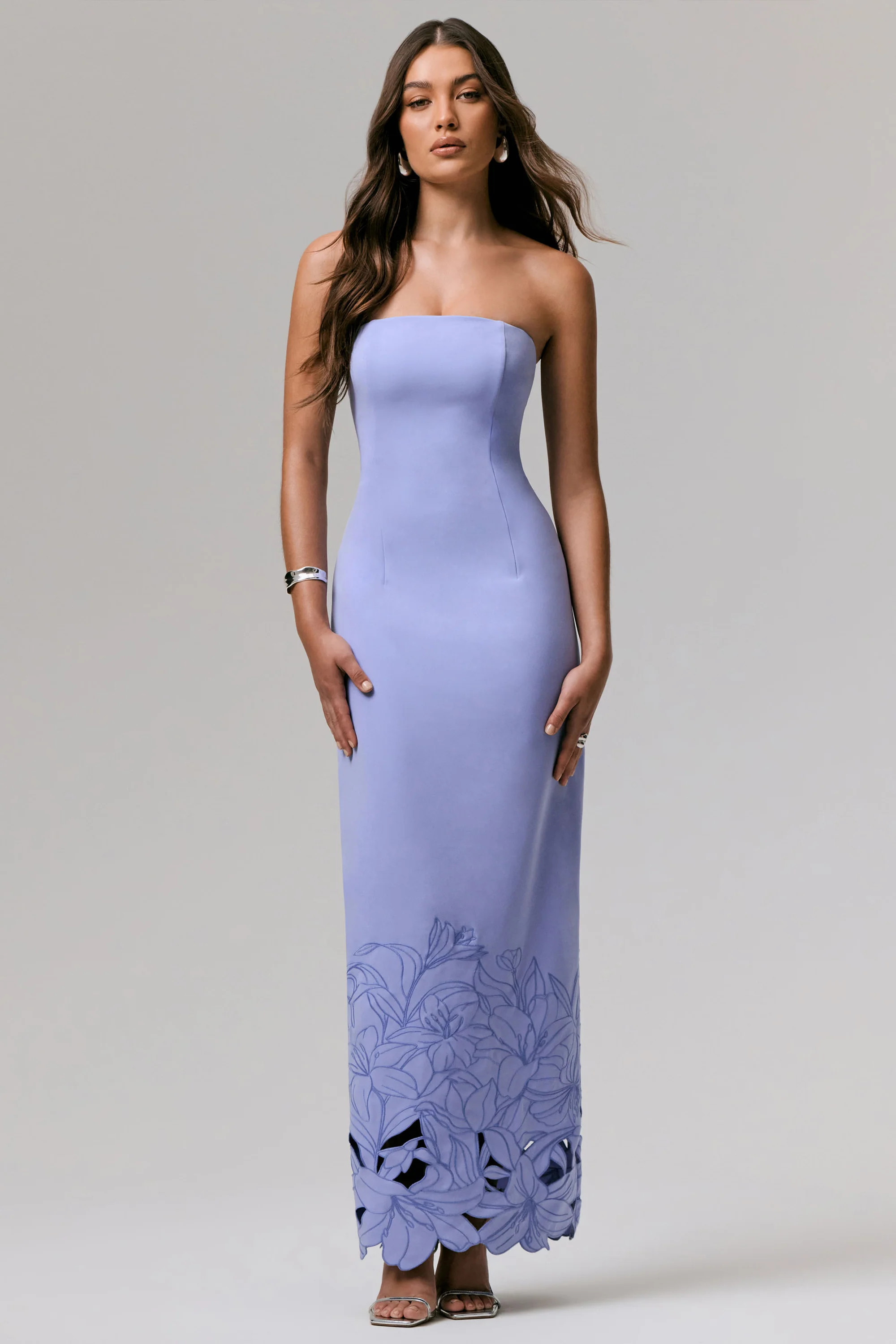 Samara  Purple Bandeau Maxi Dress With Cut-Out Crochet Hem | Club L London