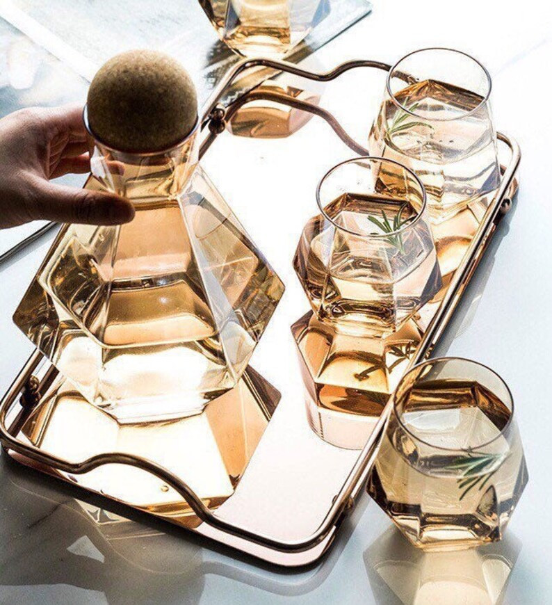 Amber Carafe Set, Whiskey Decanter Set, Whiskey Glasses, Glass Pitcher, Carafe Tray, Wood Ball Co... | Etsy (US)