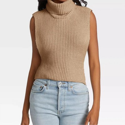 Womens Sleeveless Pullover Sweater Turtleneck Sweater Knt Tank Tops,Khaki - L | Target
