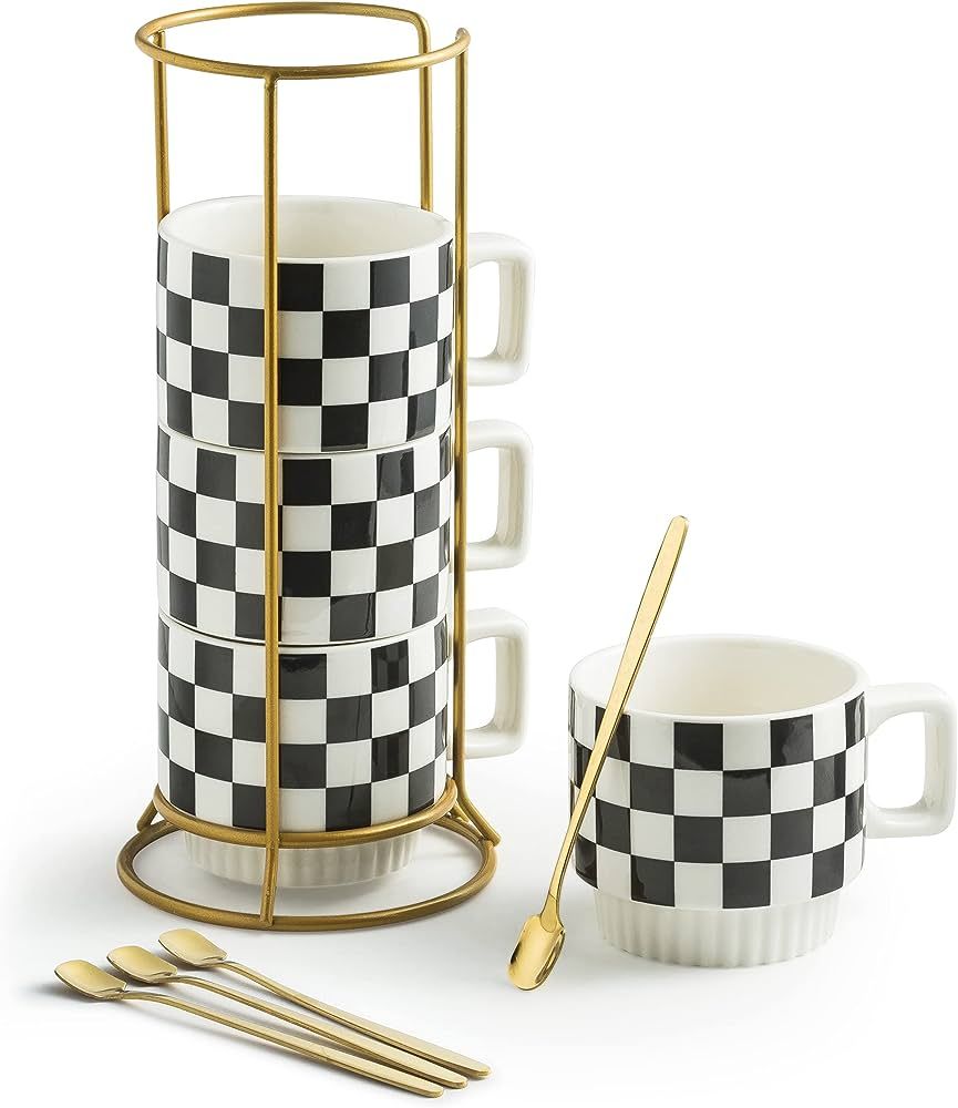 Miamolo Stackable Coffee Mug Set of 4 with Rack 11 oz Tea Cup Set with Tea Spoon Perfect for Coff... | Amazon (US)