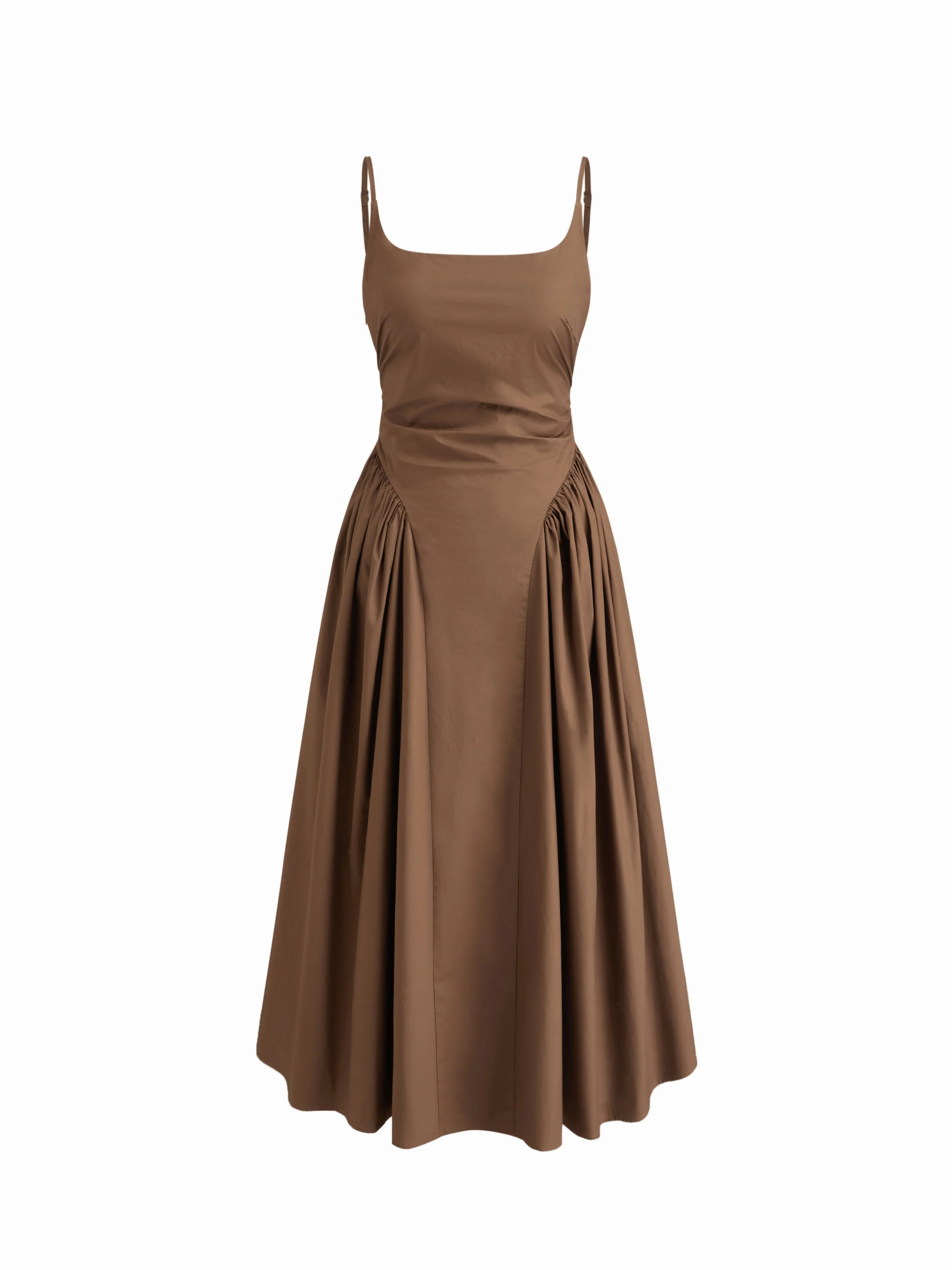 Woven 100% Cotton U-neckline Ruched Ruffle Hem Maxi Cami Dress For Daily Casual | Cider