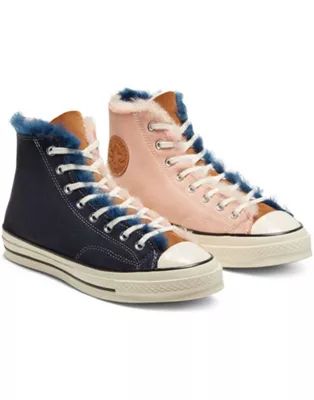 Converse Chuck 70 Hi shearling sneakers in navy blue/baby pink | ASOS (Global)