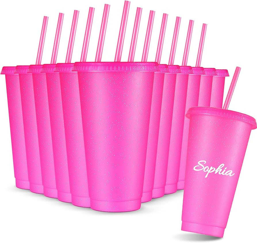 Amyhill 12 Pcs Reusable Glitter Cups with Lids and Straws 24 oz Valentines Plastic Tumbler Iced C... | Amazon (US)