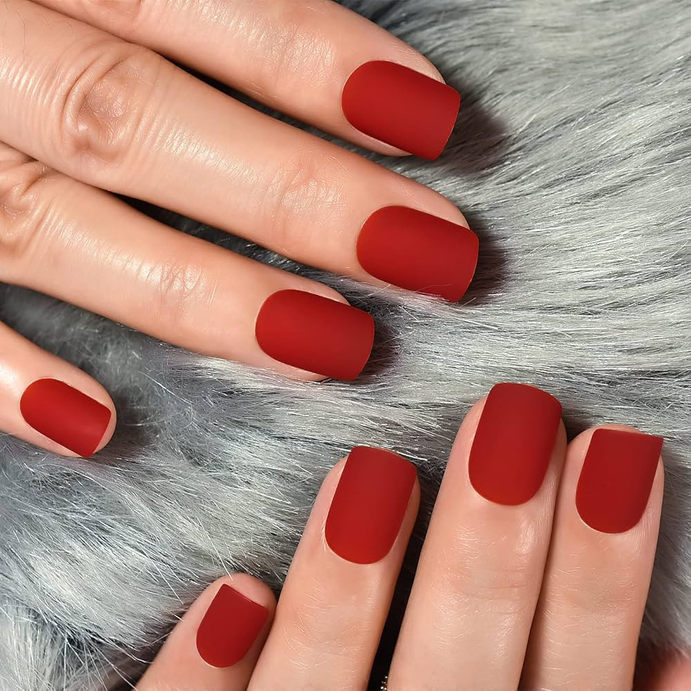 Rubber Matte Red Press On Nails Short Squoval Soild Color False Acrylic Nail Art Tips Salon Women... | Amazon (US)