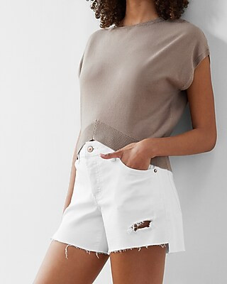 Mid Rise White Covered Button Fly Ripped Boyfriend Jean Shorts | Express