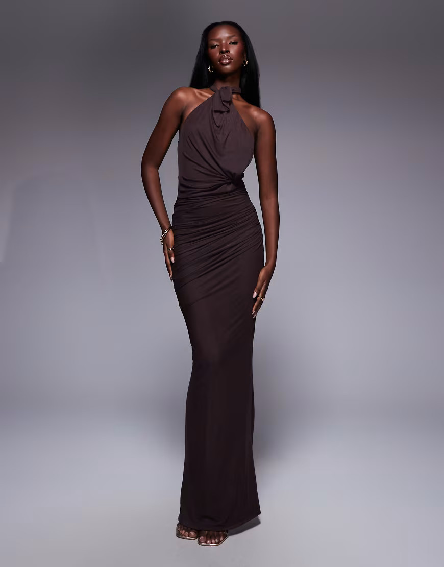 ASOS DESIGN mesh twist bust detail halter maxi with tie back neck in chocolate-Brown | ASOS (Global)