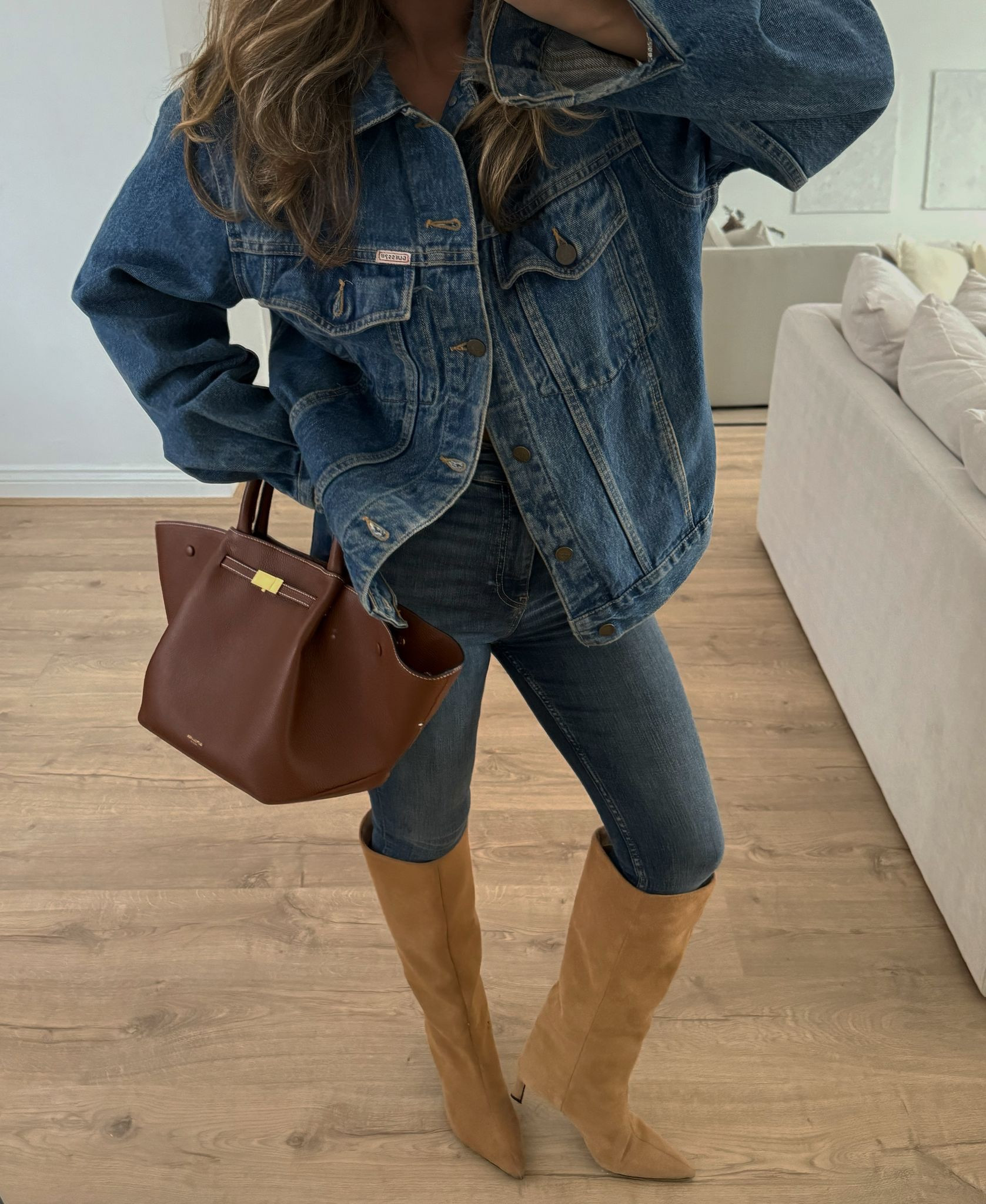 Guess denim jacket | Zara skinny slim jeans | Zara suede knee high boots in tan | Demellier handbag

#LTKspring #LTKFashionMonth #LTKuk