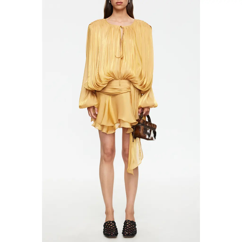 LIONESS Elements Pleated Long Sleeve Minidress in Apricot at Nordstrom, Size X-Large | Nordstrom