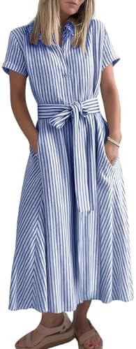 chouyatou Women's Summer Short Sleeve Striped Maxi Long Shirt Dress Boho Business Casual Cotton D... | Amazon (US)