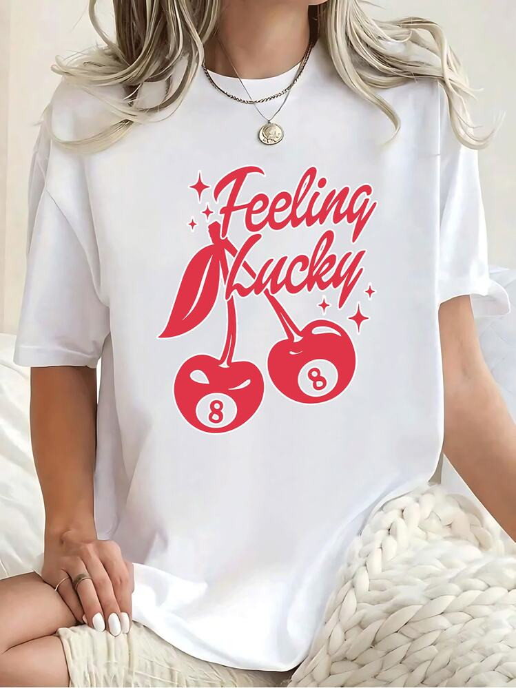 Feeling Lucky Cherry 8 Ball Graphic Women's Pattern Print TShirt  Retro Casual Style, Premium Sof... | SHEIN