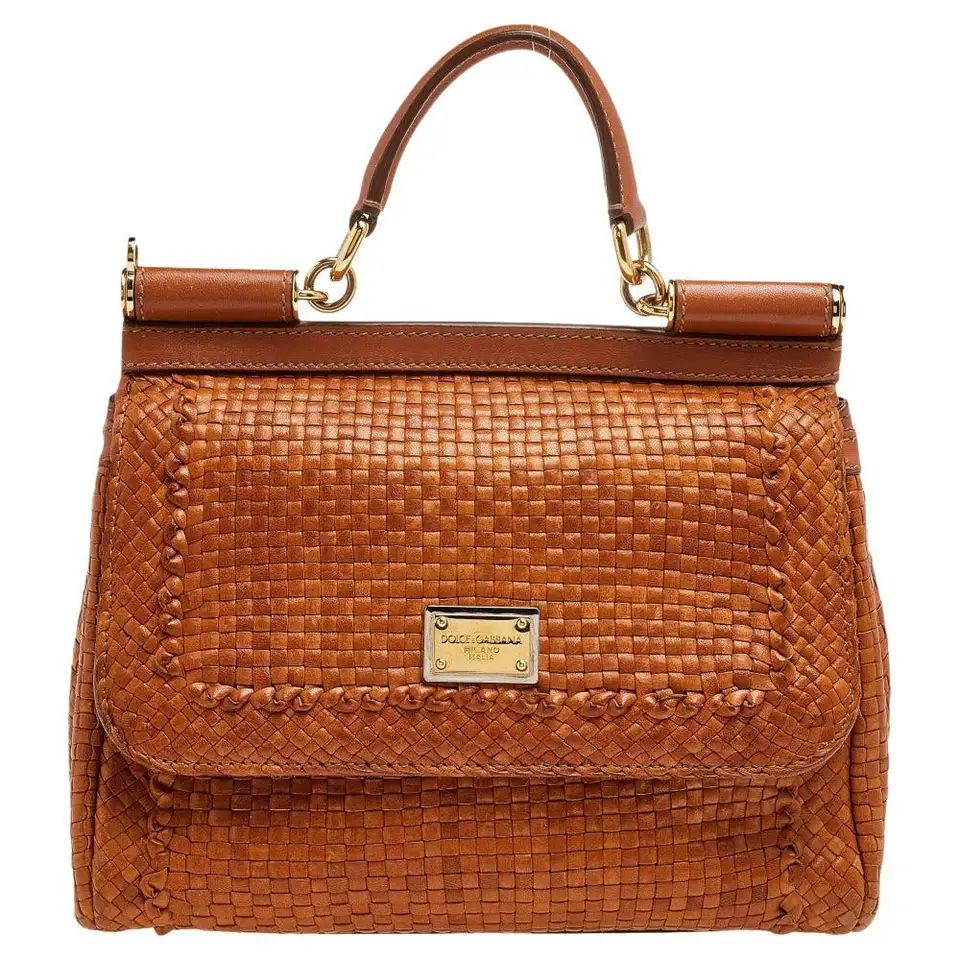 Dolce & Gabbana Tan Woven Leather Medium Miss Sicily Top Handle Bag | 1stDibs