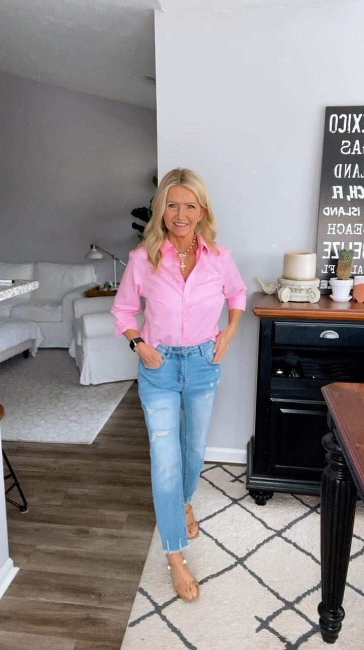 Super Cute Casual outfit. Pink button up shirt with distressed jeans. Easy to be ready in minutes. Wearing size small shirt/size 4 jeans 

#LTKFindsUnder50 #LTKSaleAlert #LTKStyleTip