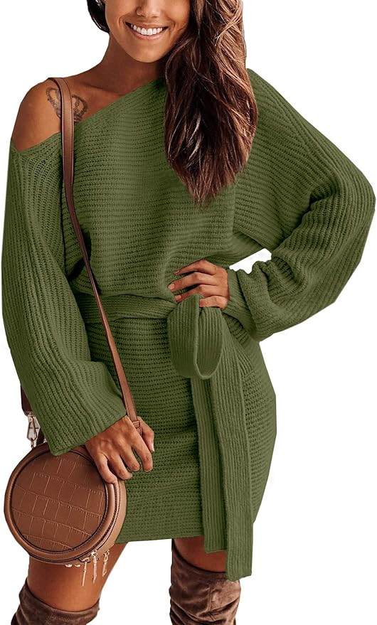 Clarisbelle Womens Winter One Shoulder Batwing Sleeve Belted Sweater Dress | Amazon (US)