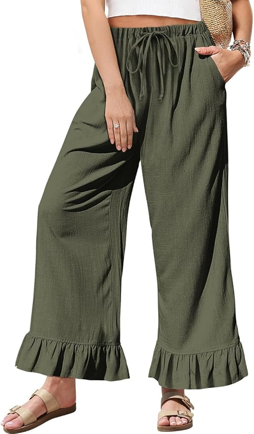 TARSE Women’s Linen Casual Pants Flared Leg Wide Leg Drawstring Ruffle Harem Palazzo Pants with... | Amazon (US)