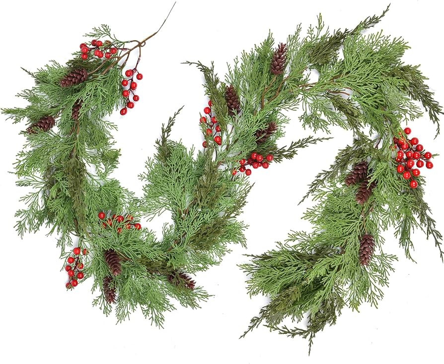 DearHouse 6FT Christmas Pine Garland, Artificial Greenery Garland with Spruce Cypress Red Berries... | Amazon (US)