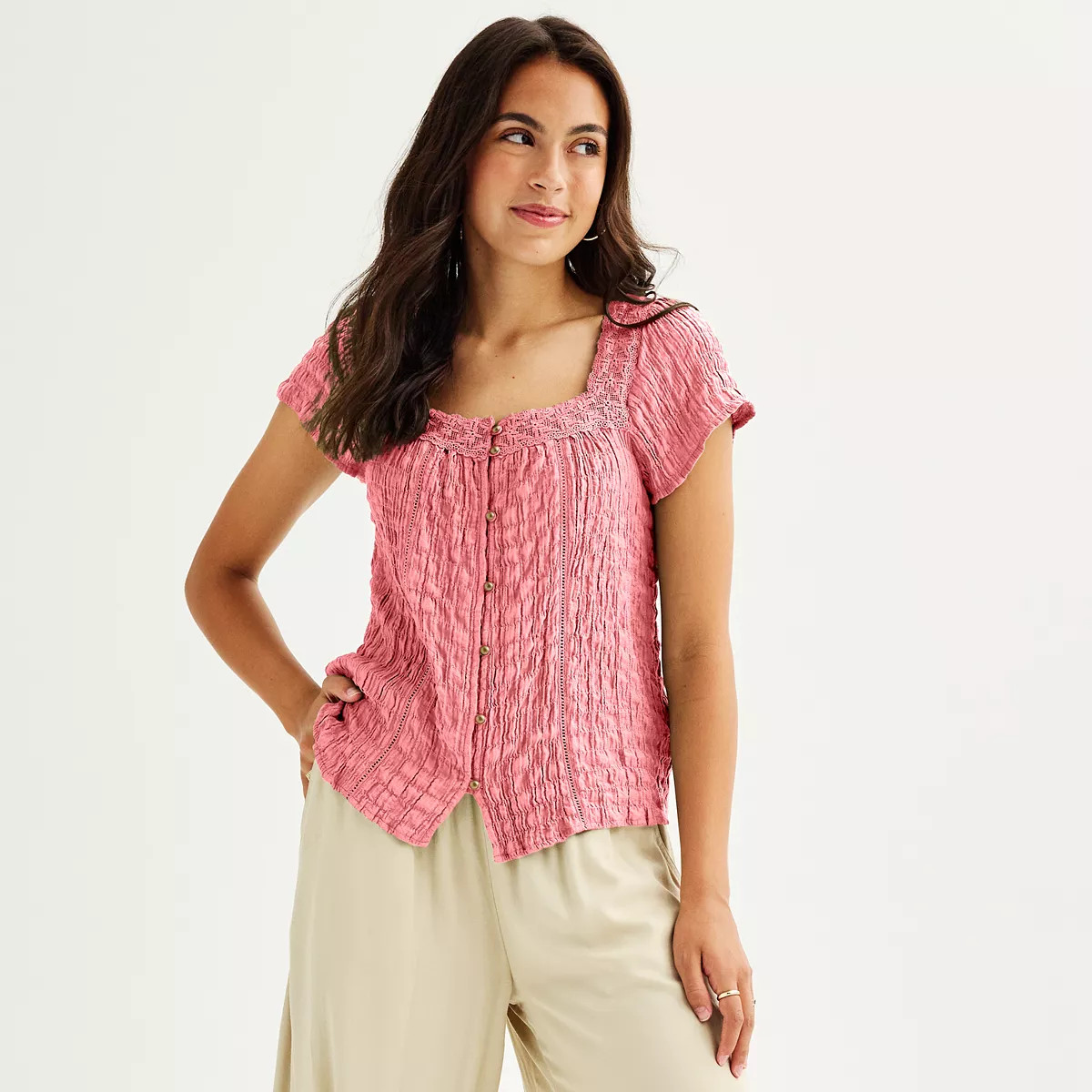 Juniors' Rewind Textured Squareneck Button Front Top | Kohl's