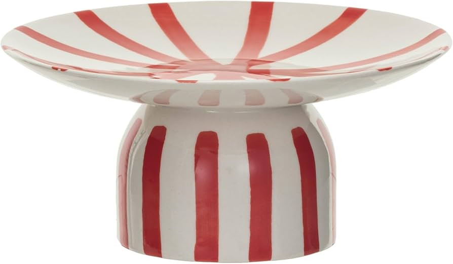 Creative Co-Op Hand-Painted Stoneware Pedestal with Stripes, Red and Cream Color | Amazon (US)