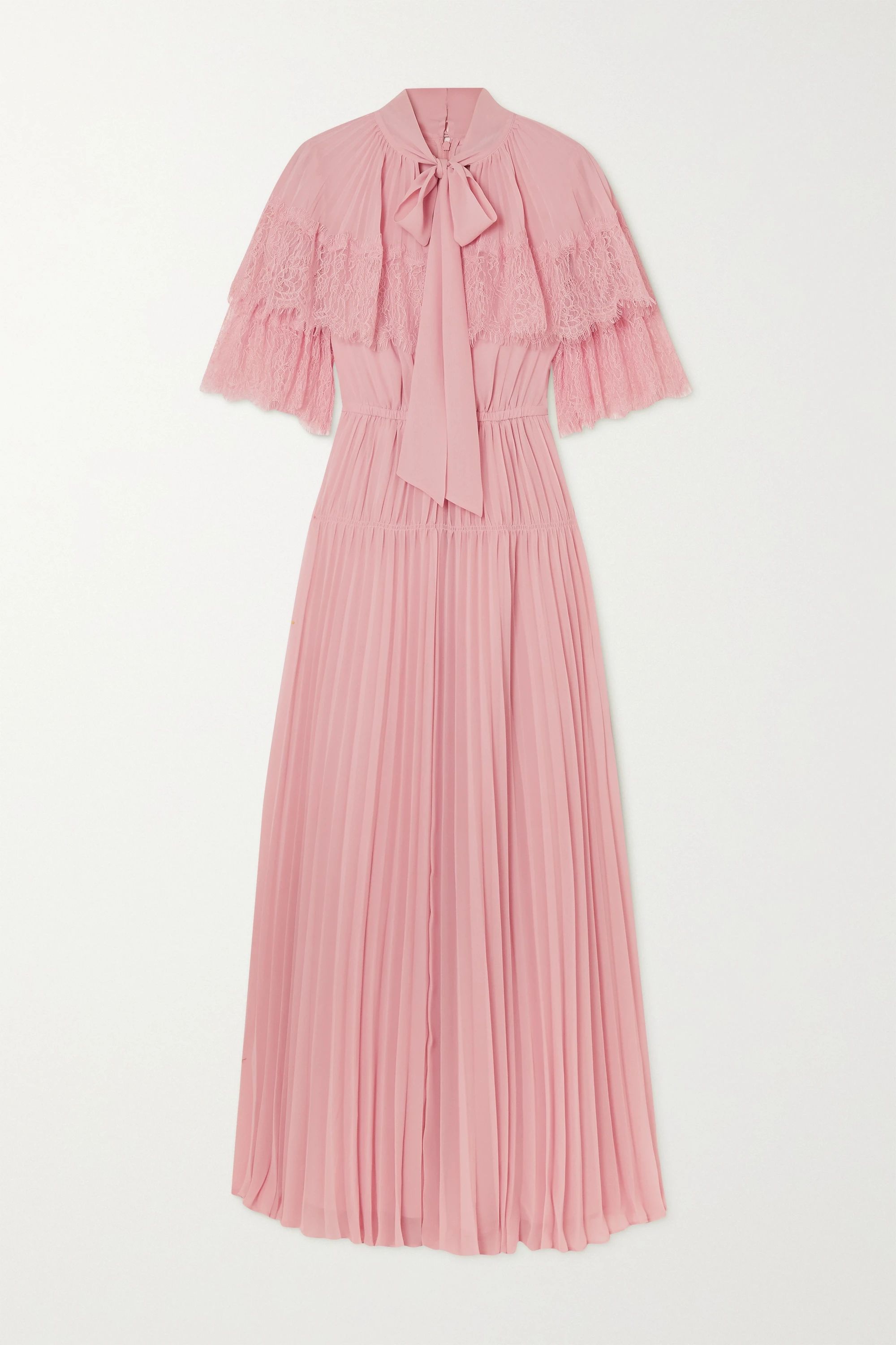 Pink Lace-trimmed pleated chiffon maxi dress | Self-Portrait | NET-A-PORTER | NET-A-PORTER (UK & EU)