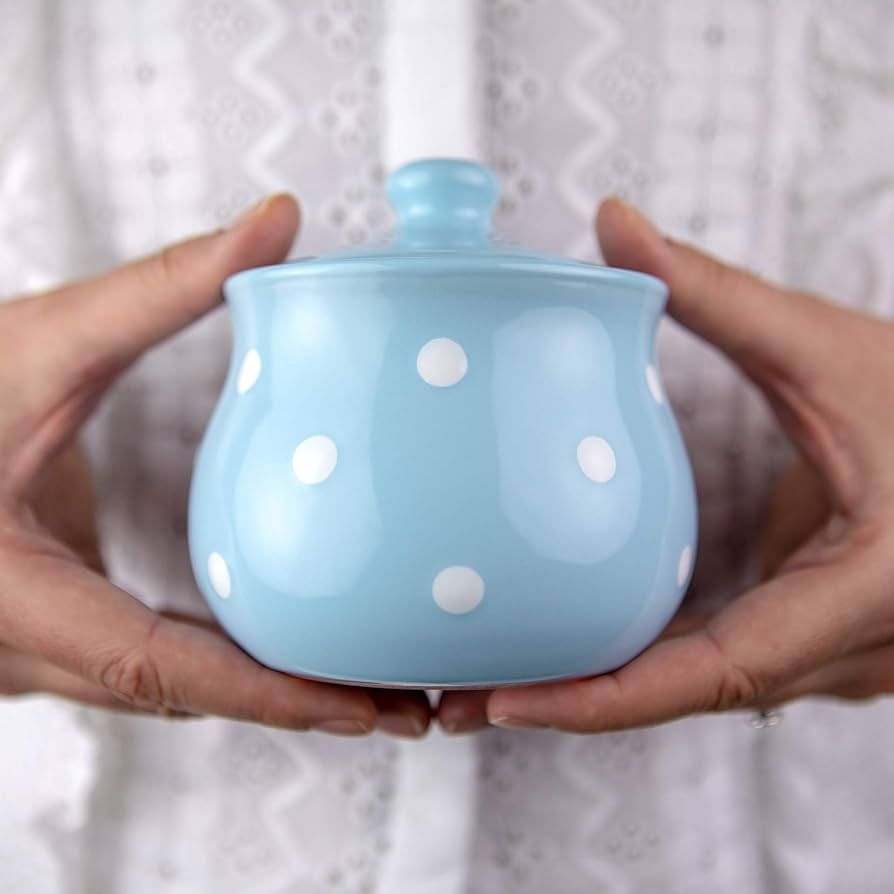 City to Cottage Handmade Light Sky Blue and White Polka Dot Ceramic Sugar Bowl, Pot With Lid | Po... | Amazon (US)