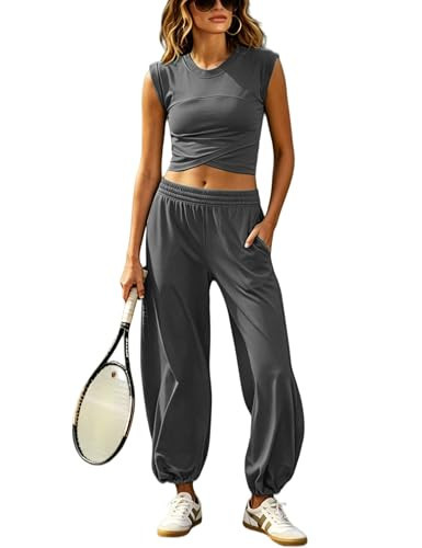 Seetaa Womens 2 Piece Sweatsuits Sets Casual Workout Cropped Tee Top High Rise Sweatpants Athletic Tracksuits(DarkGrey-XS) | Amazon (US)