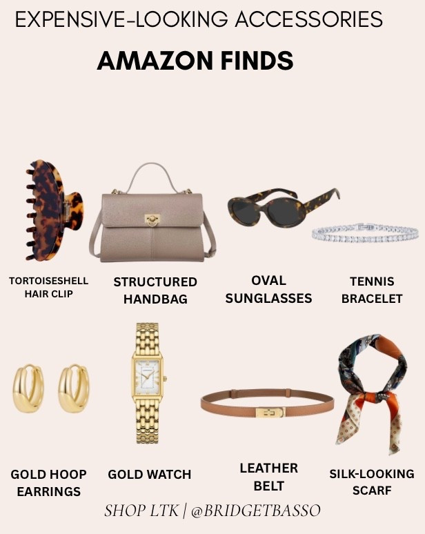 Expensive-looking Amazon accessories to add to your fall wardrobe ✨ Polished finds including a structured handbag, oval sunglasses, gold watch, leather belt, tennis bracelet, gold hoop earrings, silk-look scarf and tortoiseshell hair clip.

#LTKgrwm #LTKSaleAlert