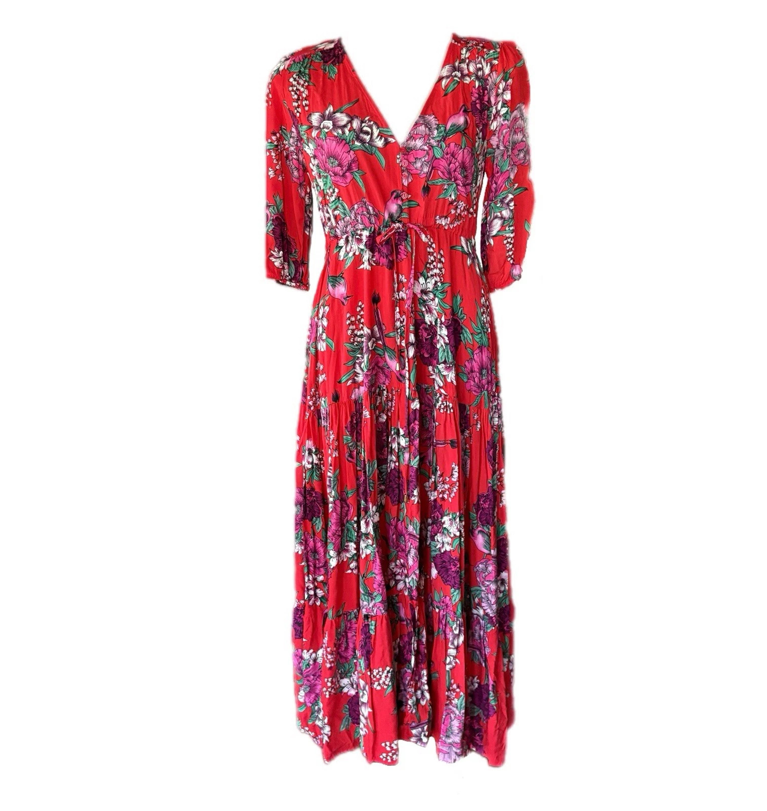 Jaase Dress XS Maxi Red Floral Bird Print Boho 1/2 Sleeve Buttons Drawstring | eBay AU