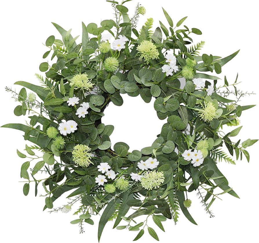 22"-24" Green Eucalyptus Wreaths for Front Door with White Flowers – Lifelike Spring, Summer, a... | Amazon (US)
