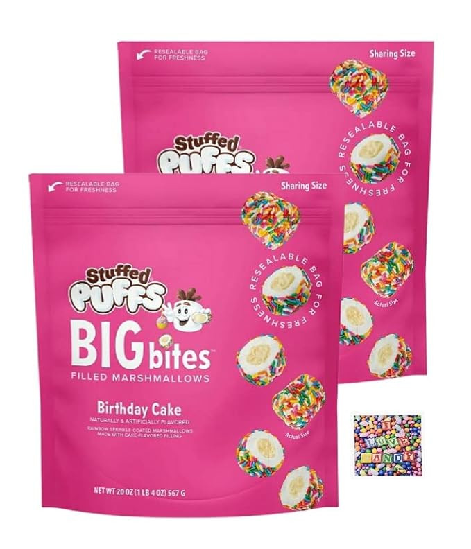 Stuffed Puffs Big Bites Birthday Cake Flavored Marshmallow Treats - Pack of 2 Bags - 20 oz Per Ba... | Amazon (US)